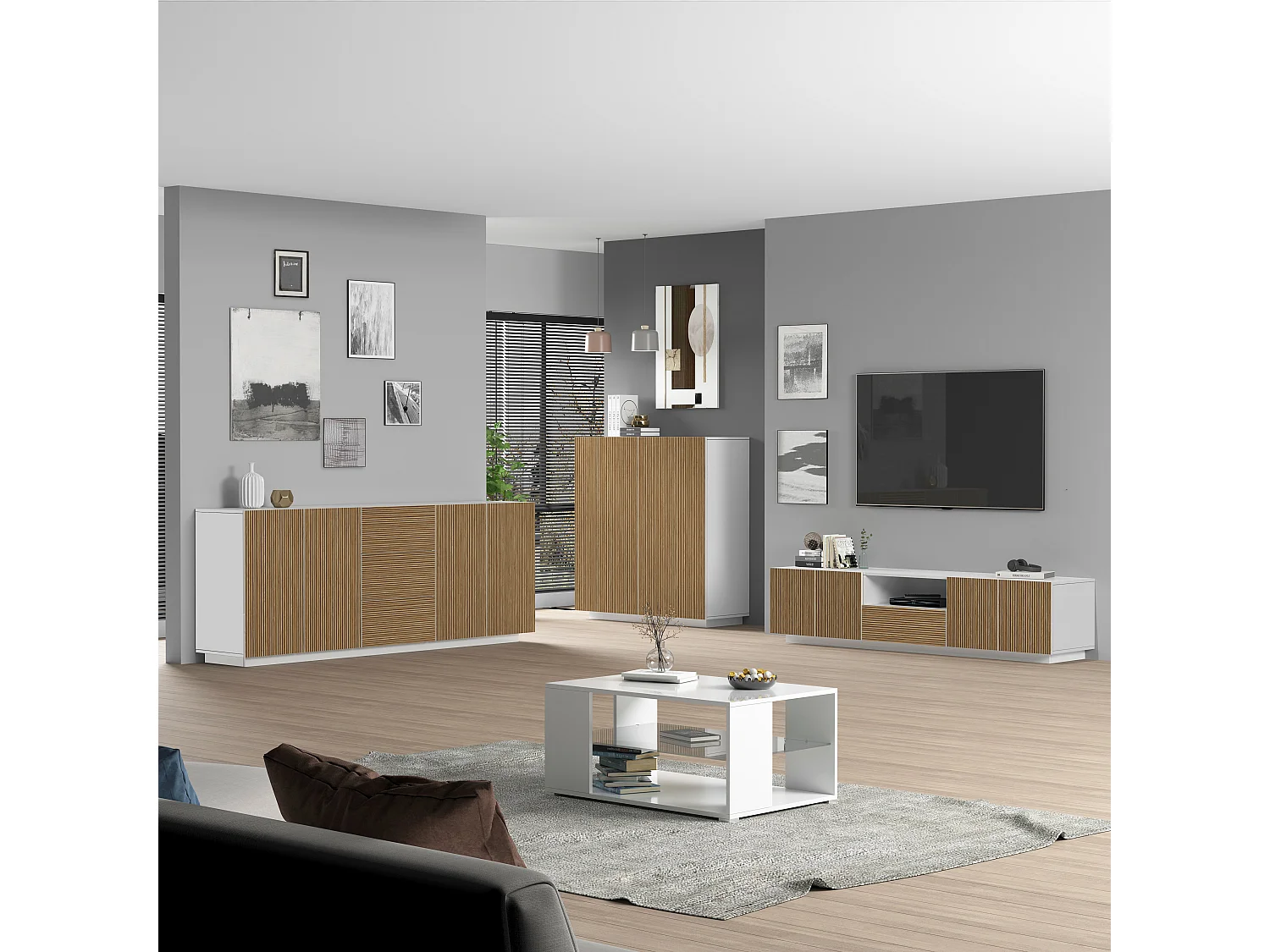 Mueble TV Coste con 4 puertas, 1 cajón y 1 compartimento blanco/madera clara 220,1x43x46 cm