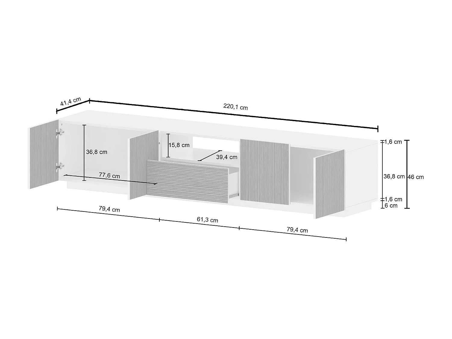 Mueble TV Coste con 4 puertas, 1 cajón y 1 compartimento blanco/madera clara 220,1x43x46 cm