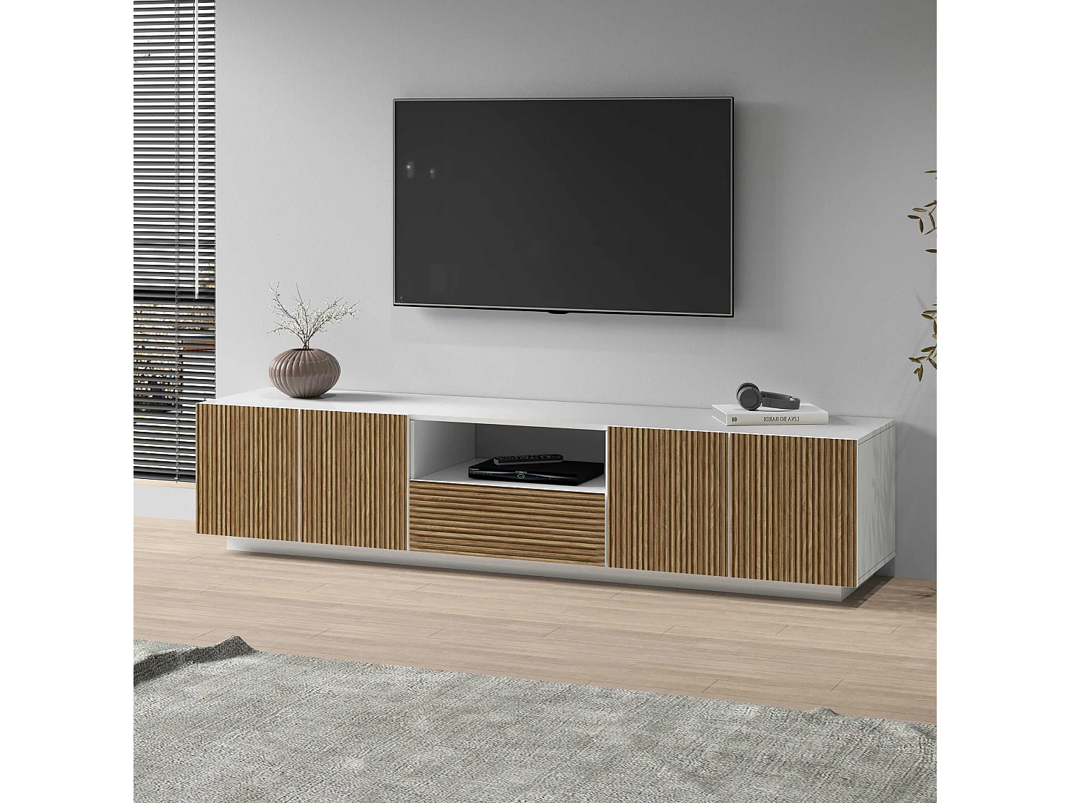 Mueble TV Coste con 4 puertas, 1 cajón y 1 compartimento blanco/madera clara 220,1x43x46 cm