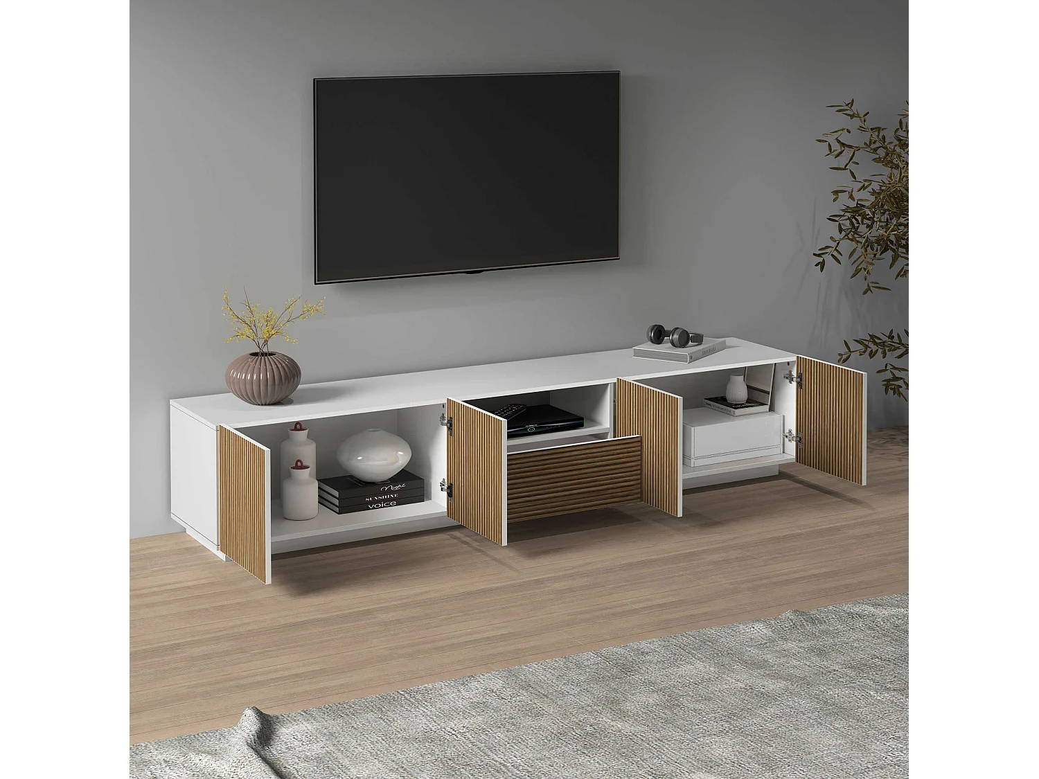 Mueble TV Coste con 4 puertas, 1 cajón y 1 compartimento blanco/madera clara 220,1x43x46 cm
