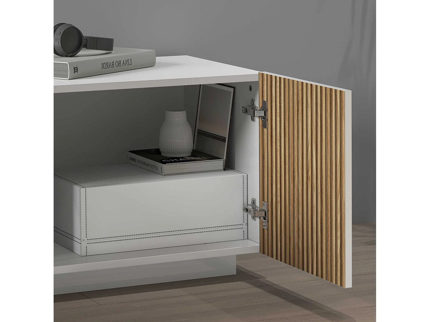Mueble TV Coste con 4 puertas, 1 cajón y 1 compartimento blanco/madera clara 220,1x43x46 cm