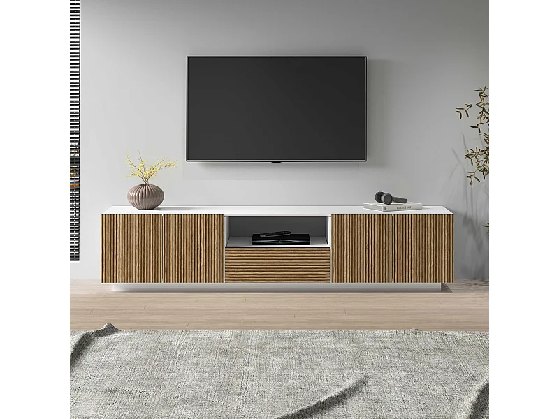 Mobile porta tv Coste a 4 ante 1 cassetto e 1 vano bianco/legno chiaro 220,1x43x46 cm