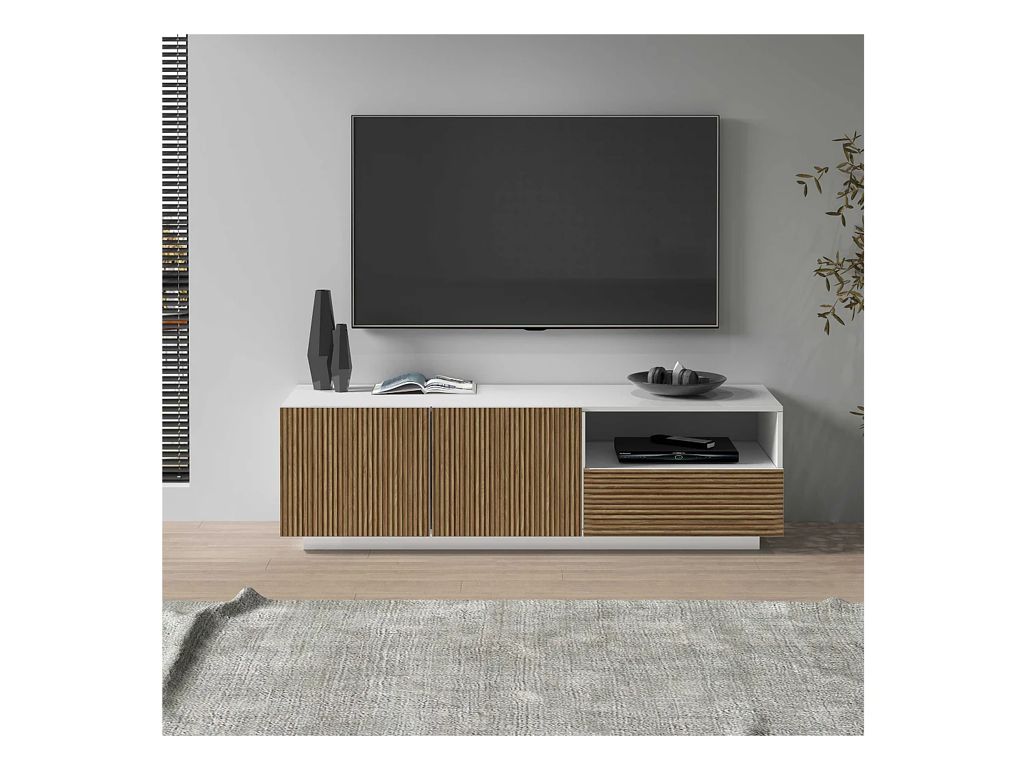 Mobile porta tv Coste a 2 ante 1 cassetto e 1 vano aperto bianco/legno chiaro 150x43x46 cm