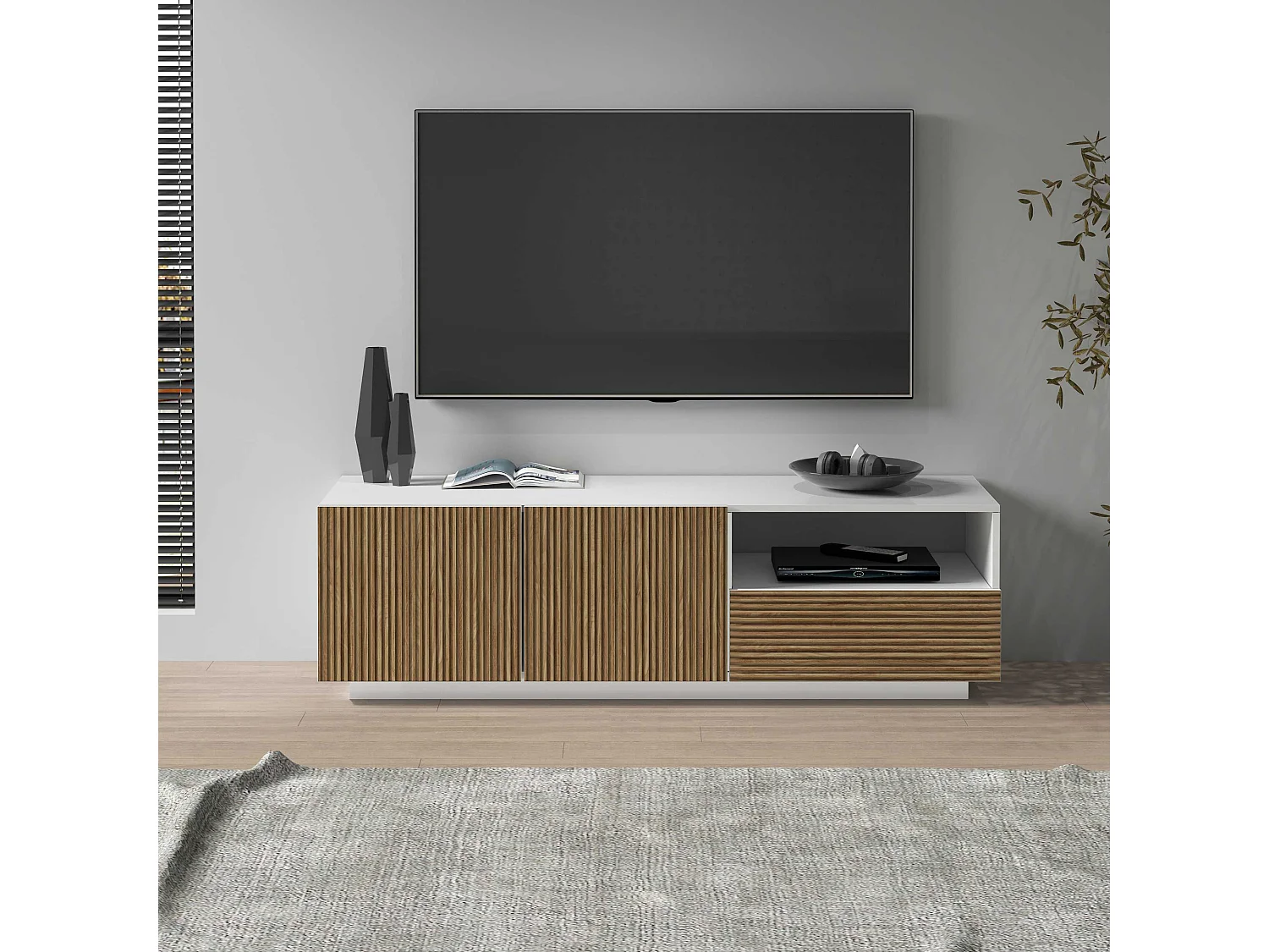 Mobile porta tv Coste a 2 ante 1 cassetto e 1 vano aperto bianco/legno chiaro 150x43x46 cm