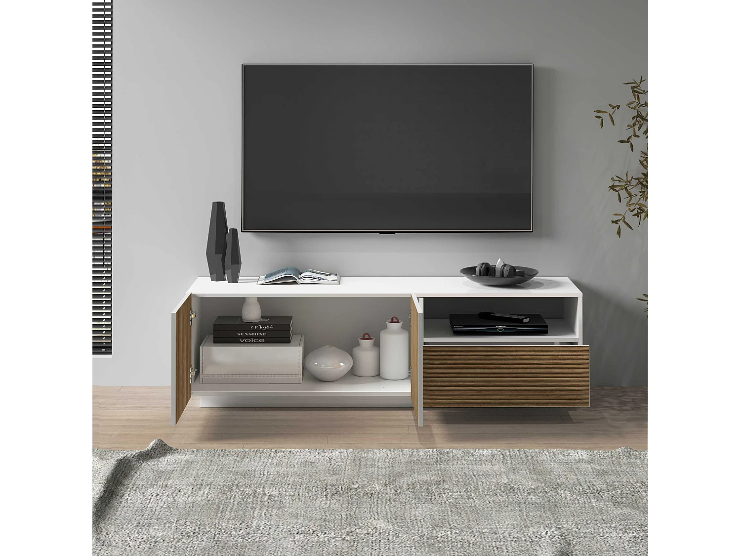 Mobile porta tv Coste a 2 ante 1 cassetto e 1 vano aperto bianco/legno chiaro 150x43x46 cm