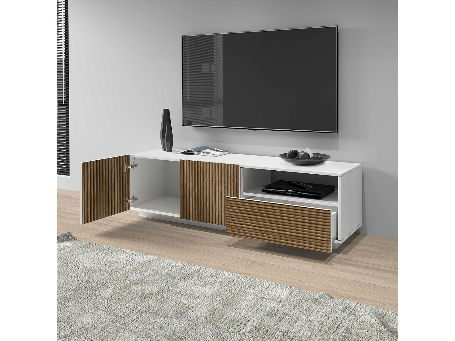 Mobile porta tv Coste a 2 ante 1 cassetto e 1 vano aperto bianco/legno chiaro 150x43x46 cm