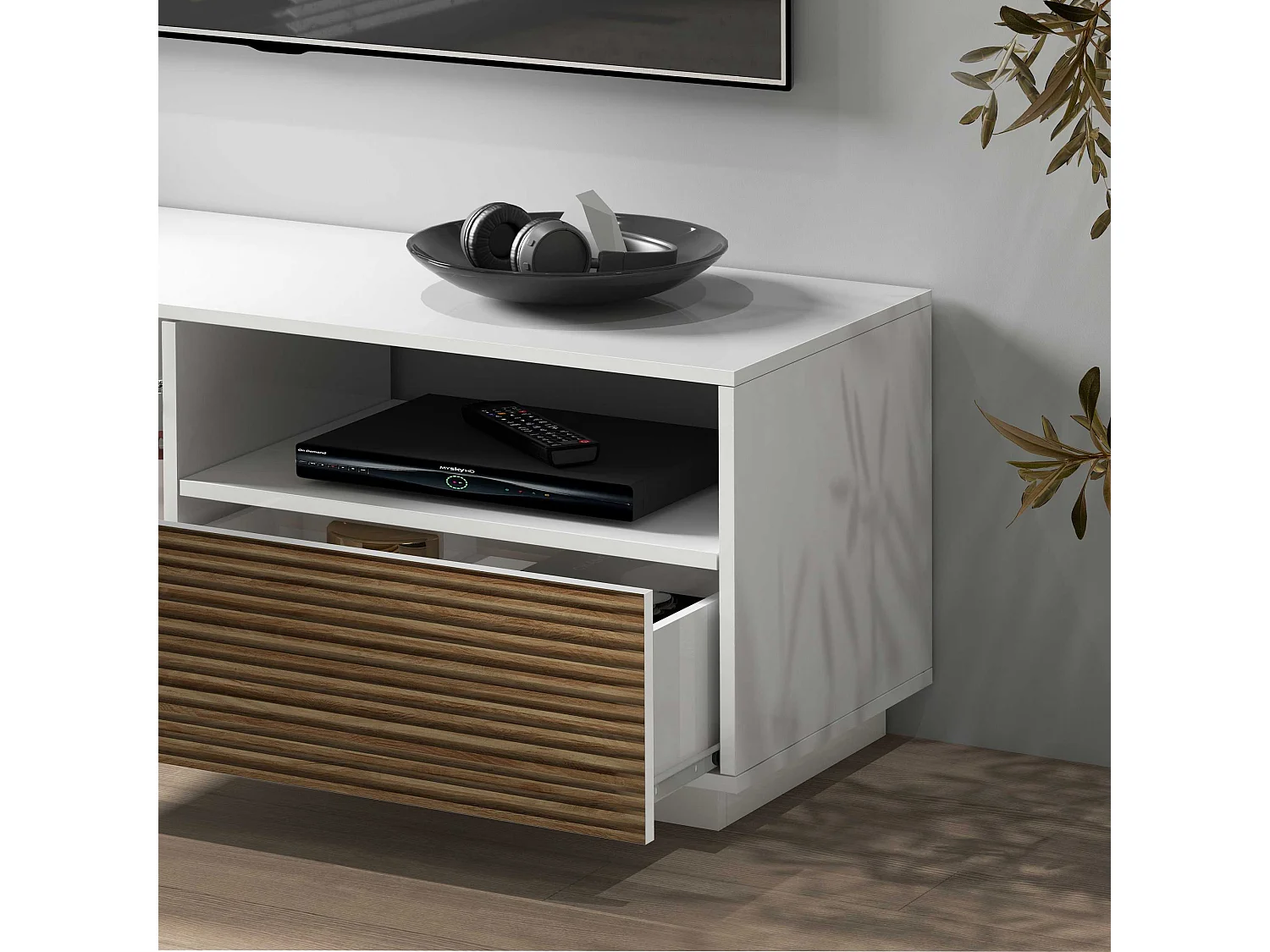 Mobile porta tv Coste a 2 ante 1 cassetto e 1 vano aperto bianco/legno chiaro 150x43x46 cm