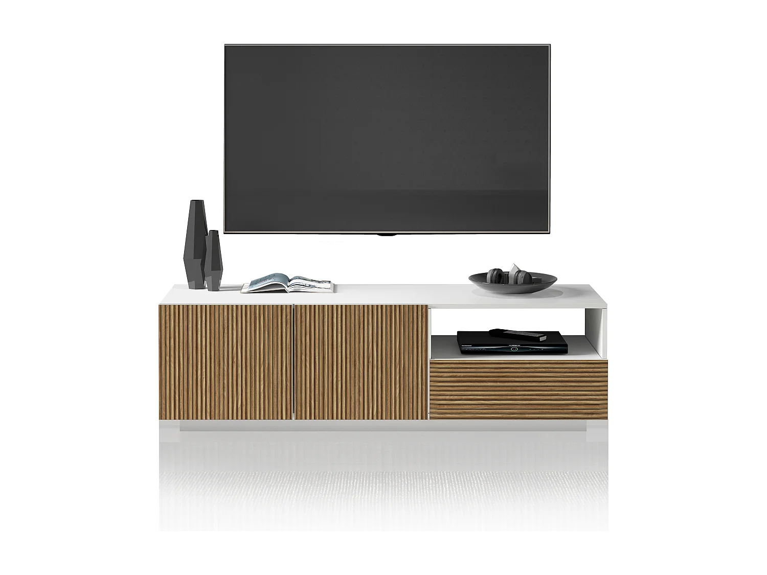 Mobile porta tv Coste a 2 ante 1 cassetto e 1 vano aperto bianco/legno chiaro 150x43x46 cm