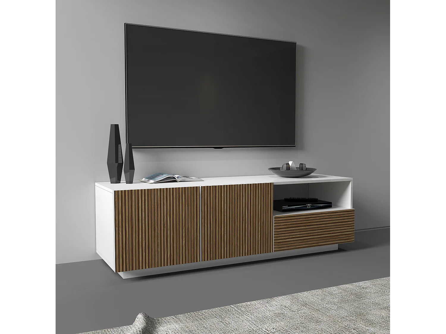 Mobile porta tv Coste a 2 ante 1 cassetto e 1 vano aperto bianco/legno chiaro 150x43x46 cm