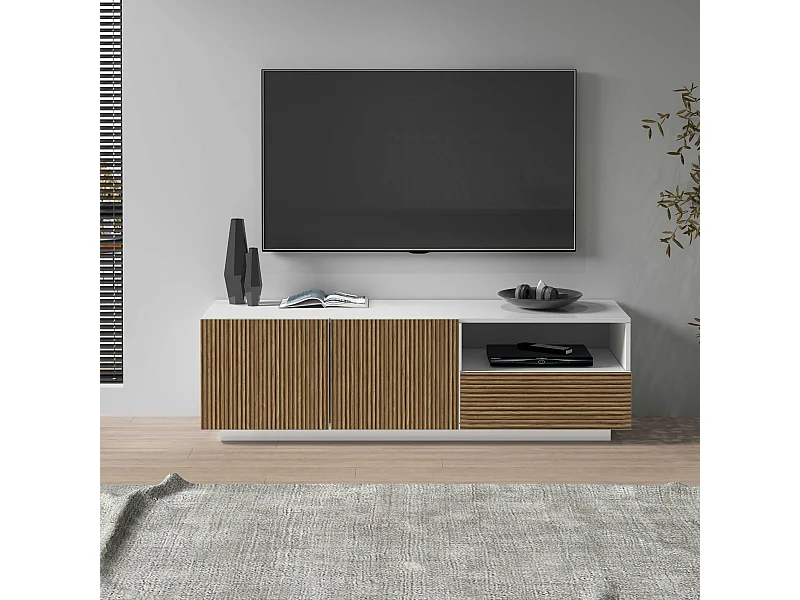 Mobile porta tv Coste a 2 ante 1 cassetto e 1 vano aperto bianco/legno chiaro 150x43x46 cm