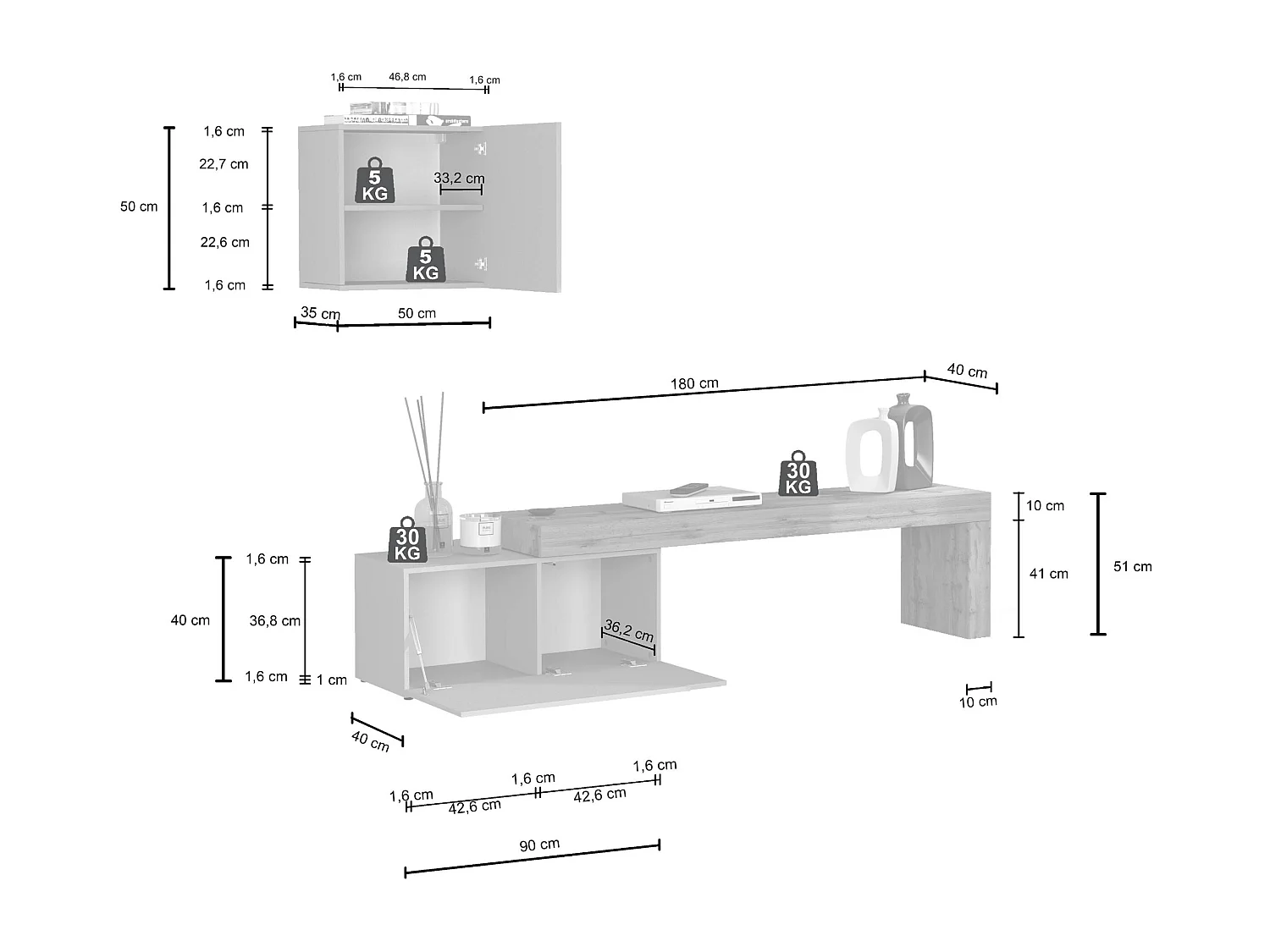 Parete attrezzata Chronos set soggiorno tortora opaco e rovere 180/260x40 cm