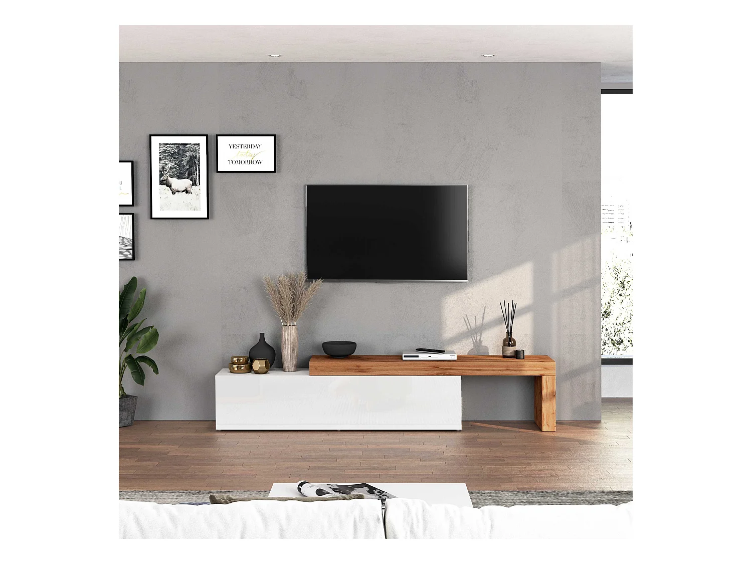 Mobile porta tv Chronos estensibile con 1 anta a ribalta bianco/rovere 190/350x40x51 cm