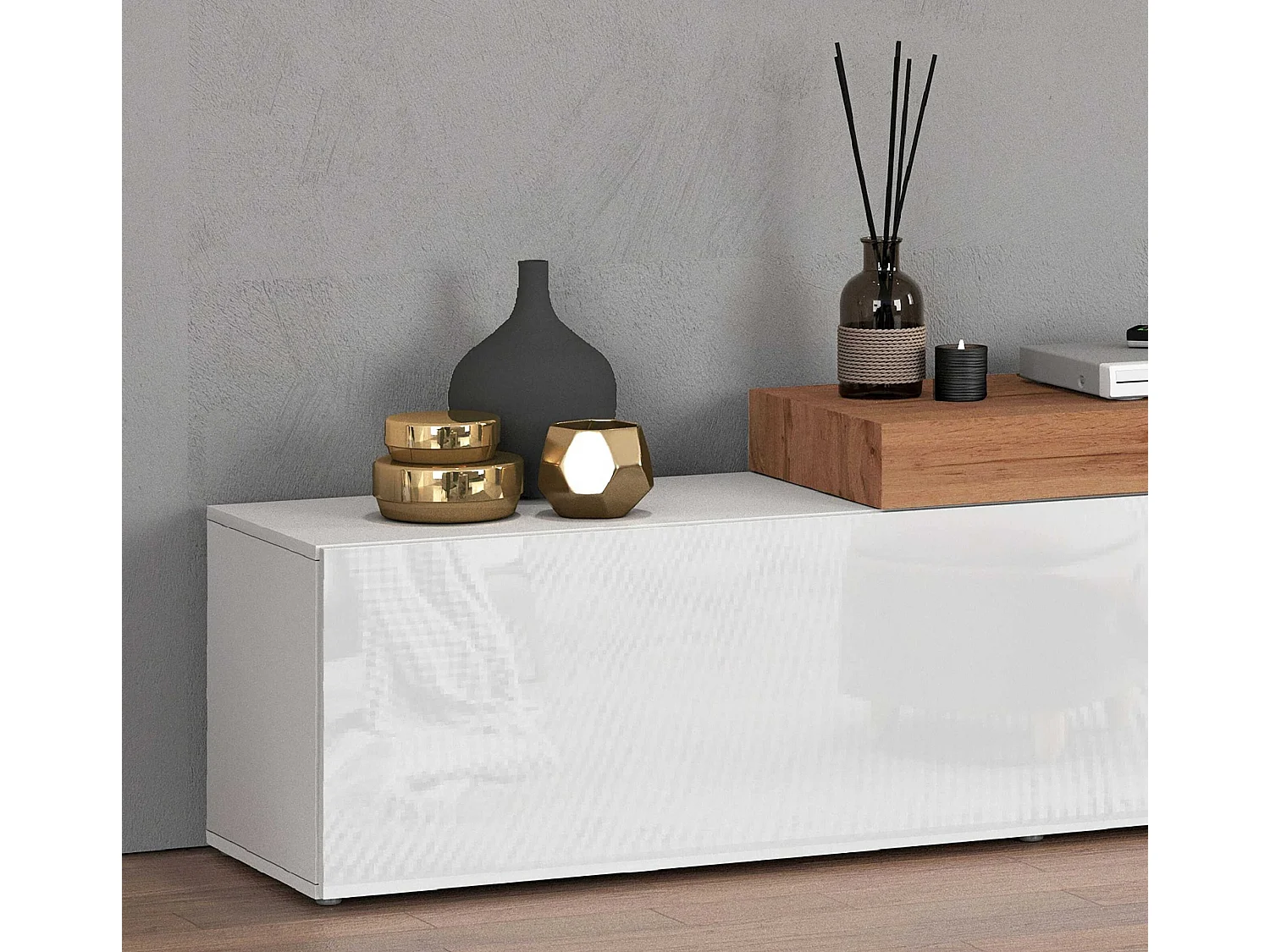 Mobile porta tv Chronos estensibile con 1 anta a ribalta bianco/rovere 190/350x40x51 cm