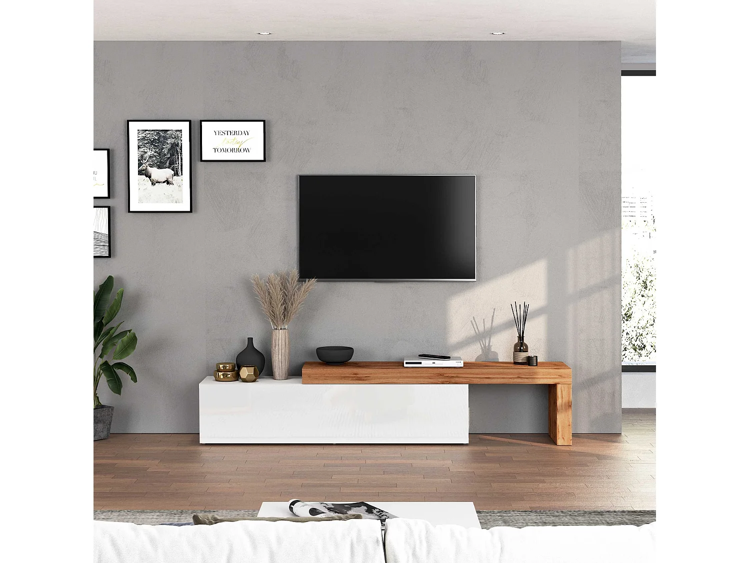 Mobile porta tv Chronos estensibile con 1 anta a ribalta bianco/rovere 190/350x40x51 cm