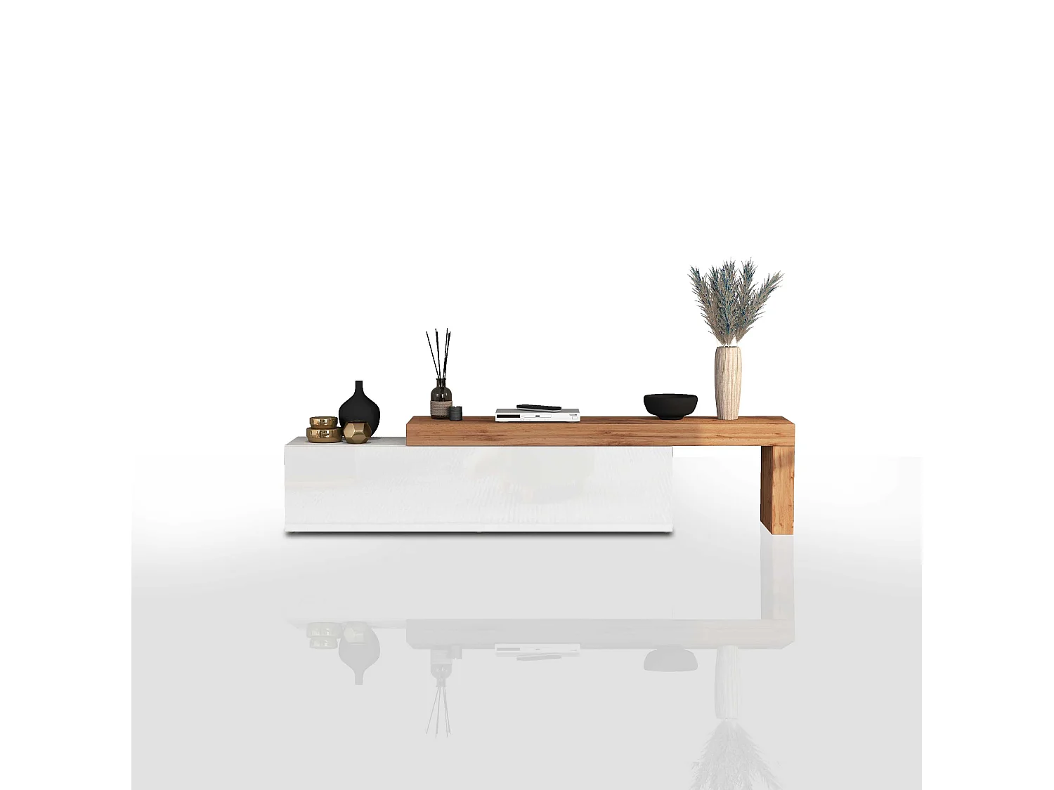 Mobile porta tv Chronos estensibile con 1 anta a ribalta bianco/rovere 190/350x40x51 cm