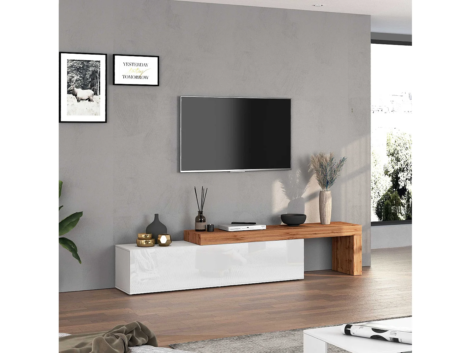 Mobile porta tv Chronos estensibile con 1 anta a ribalta bianco/rovere 190/350x40x51 cm