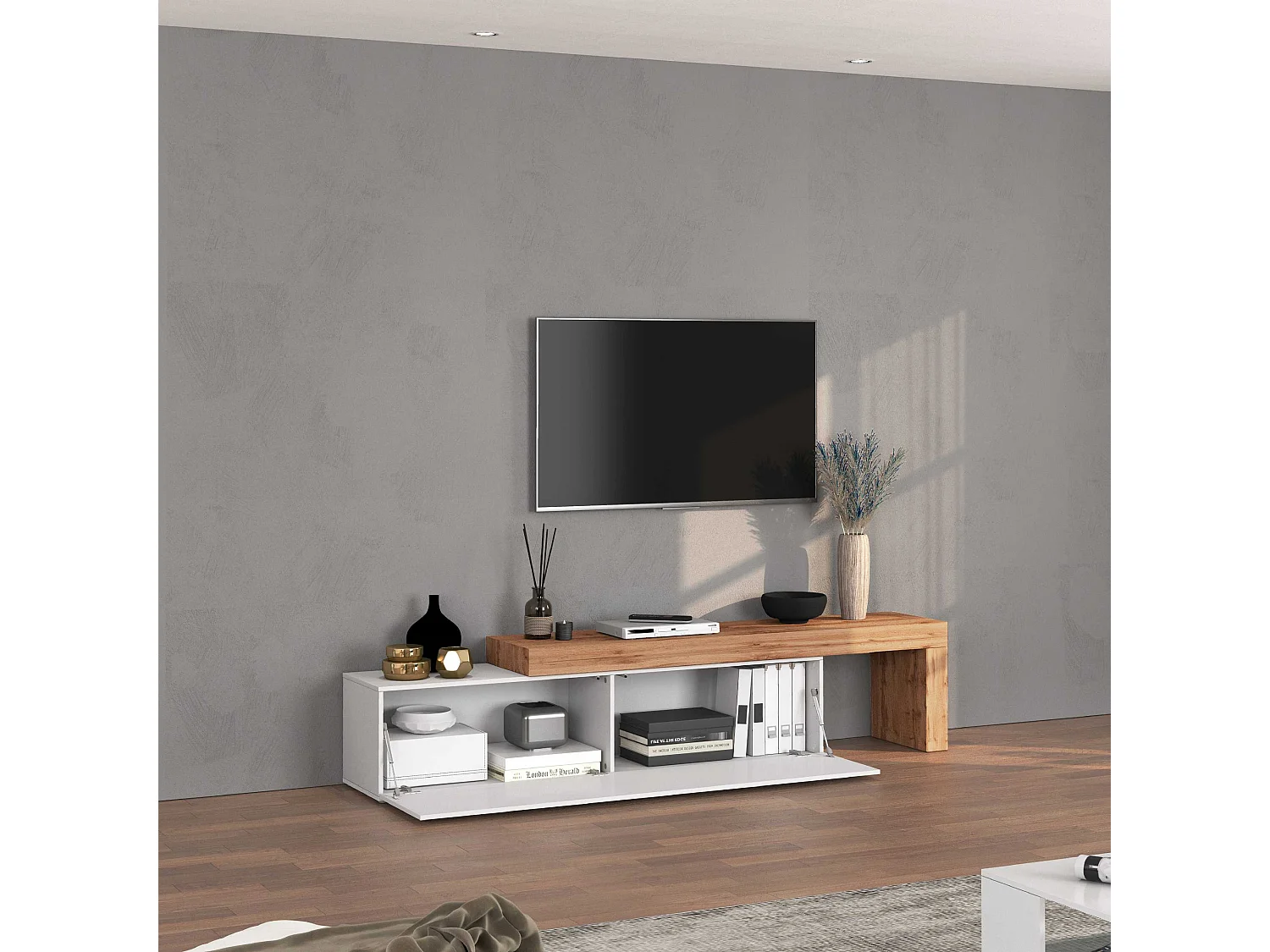 Mobile porta tv Chronos estensibile con 1 anta a ribalta bianco/rovere 190/350x40x51 cm