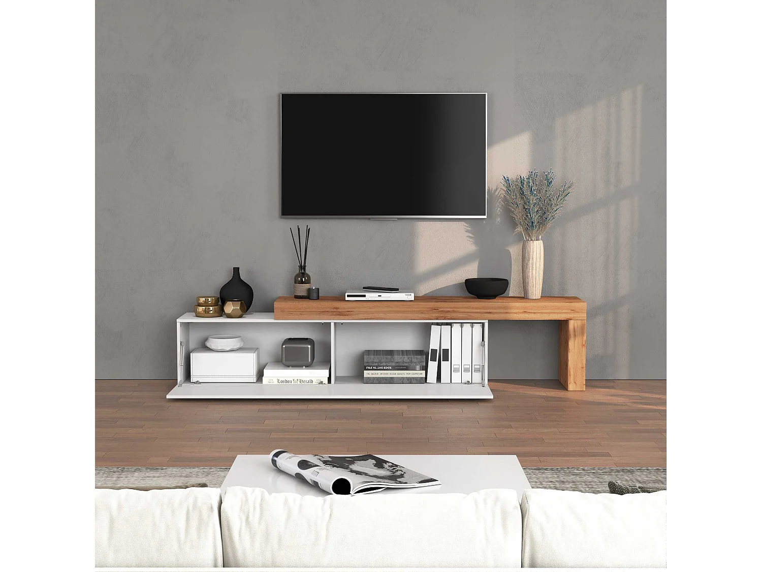Mueble TV Chronos extensible con 1 puerta abatible blanco/roble 190/350x40x51 cm