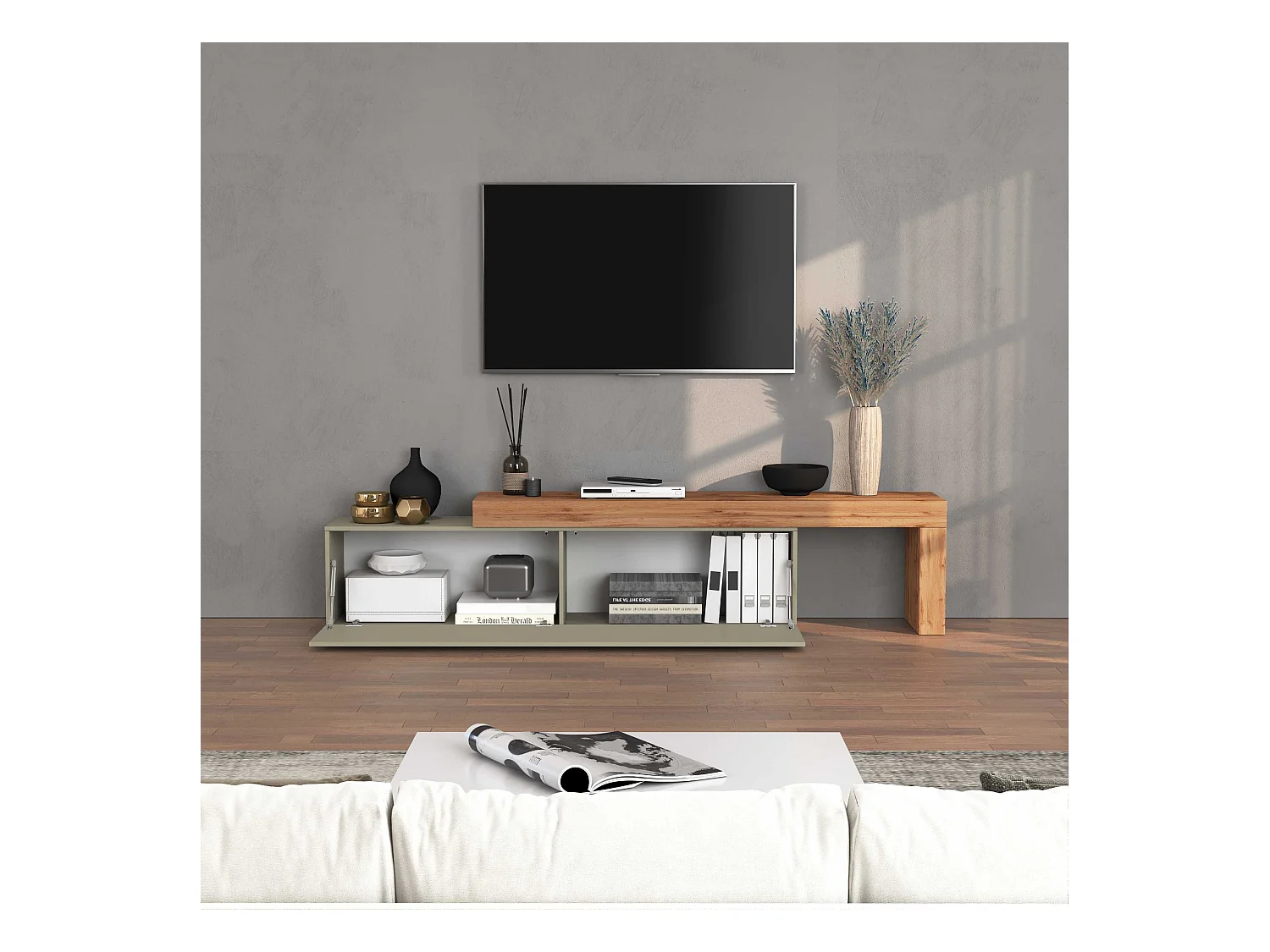 Mobile porta tv Chronos estensibile con 1 anta a ribalta tortora/rovere 190/350x40x51 cm