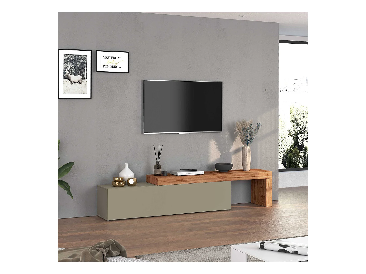 Mobile porta tv Chronos estensibile con 1 anta a ribalta tortora/rovere 190/350x40x51 cm
