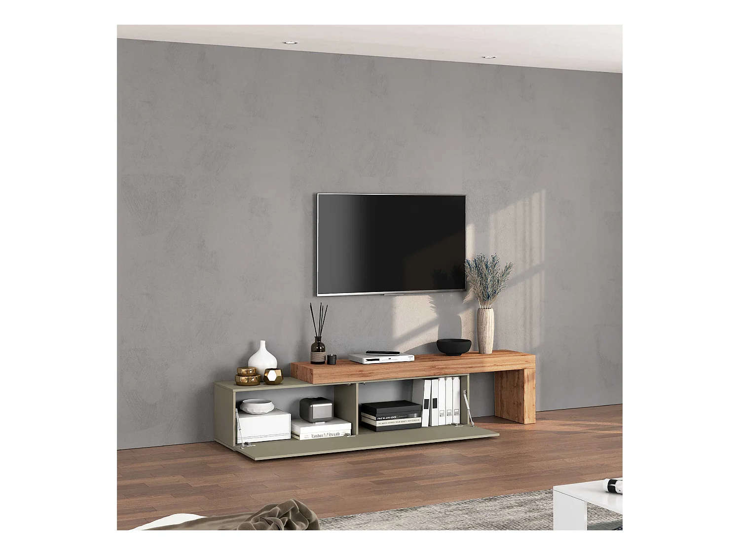 Mobile porta tv Chronos estensibile con 1 anta a ribalta tortora/rovere 190/350x40x51 cm