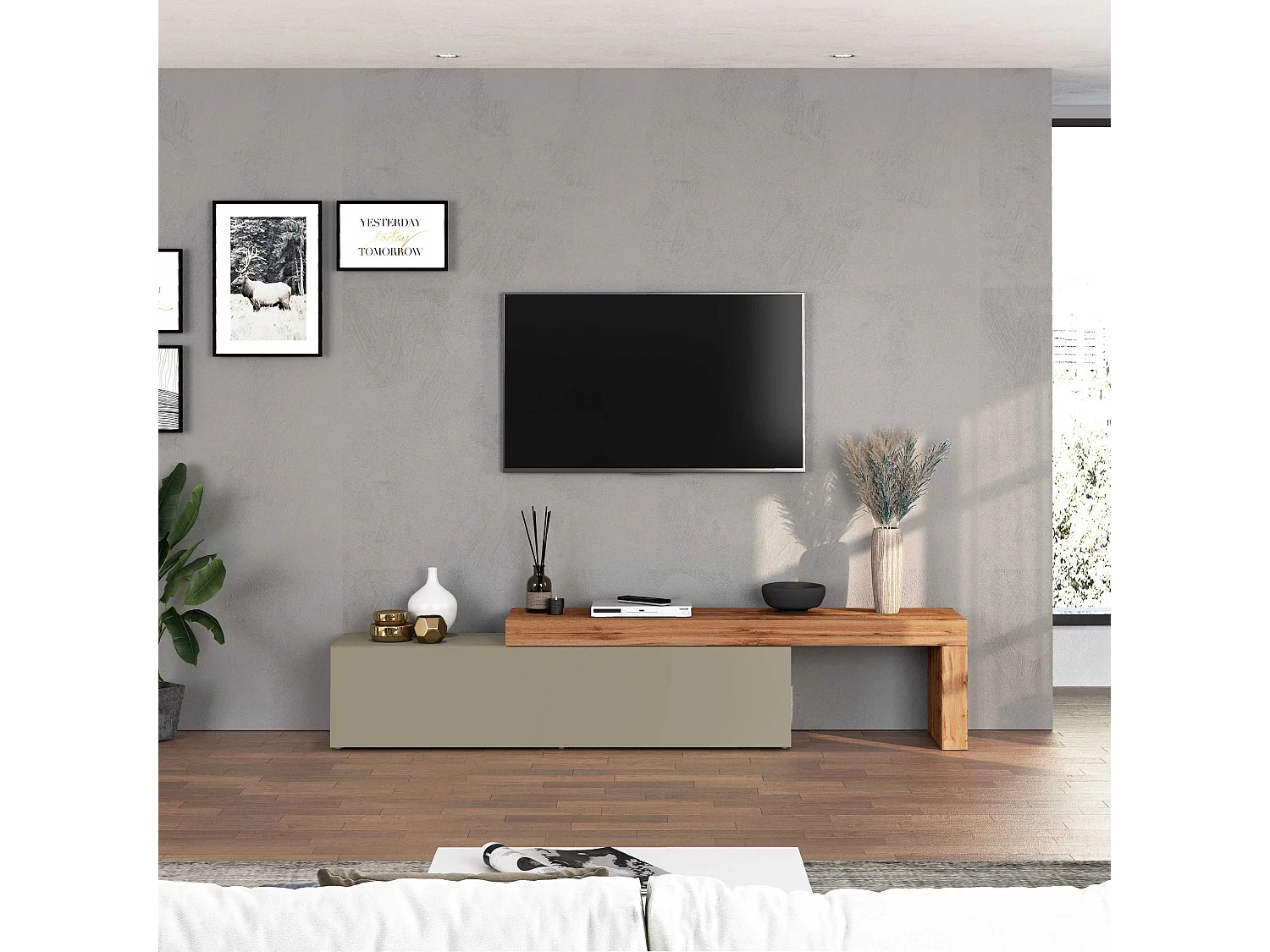 Mobile porta tv Chronos estensibile con 1 anta a ribalta tortora/rovere 190/350x40x51 cm
