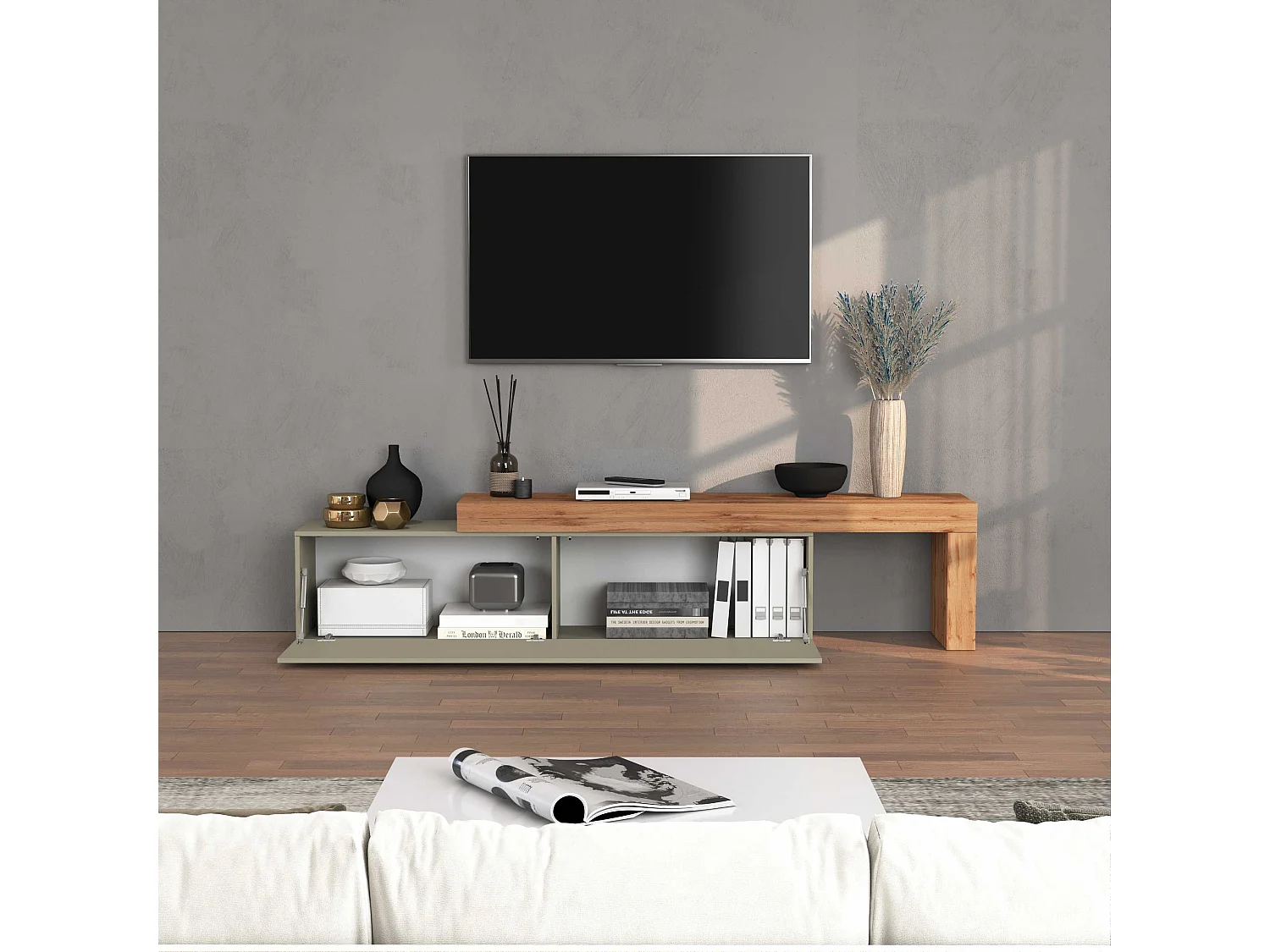 Mobile porta tv Chronos estensibile con 1 anta a ribalta tortora/rovere 190/350x40x51 cm