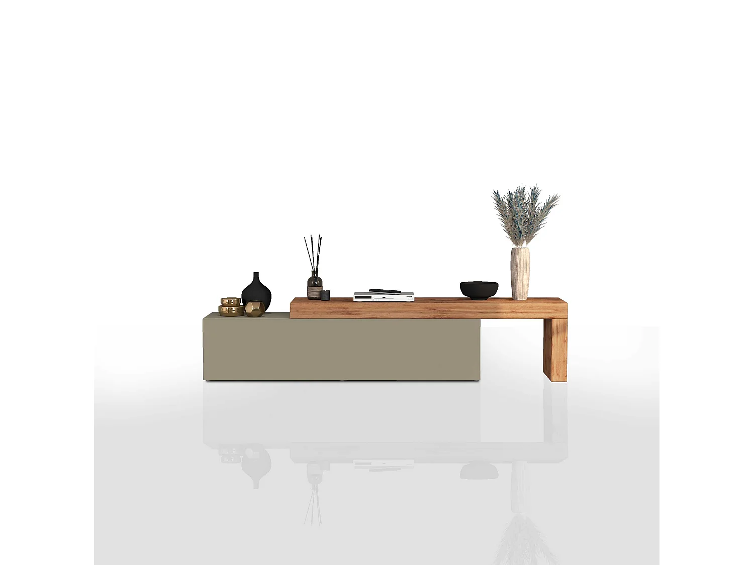 Mobile porta tv Chronos estensibile con 1 anta a ribalta tortora/rovere 190/350x40x51 cm