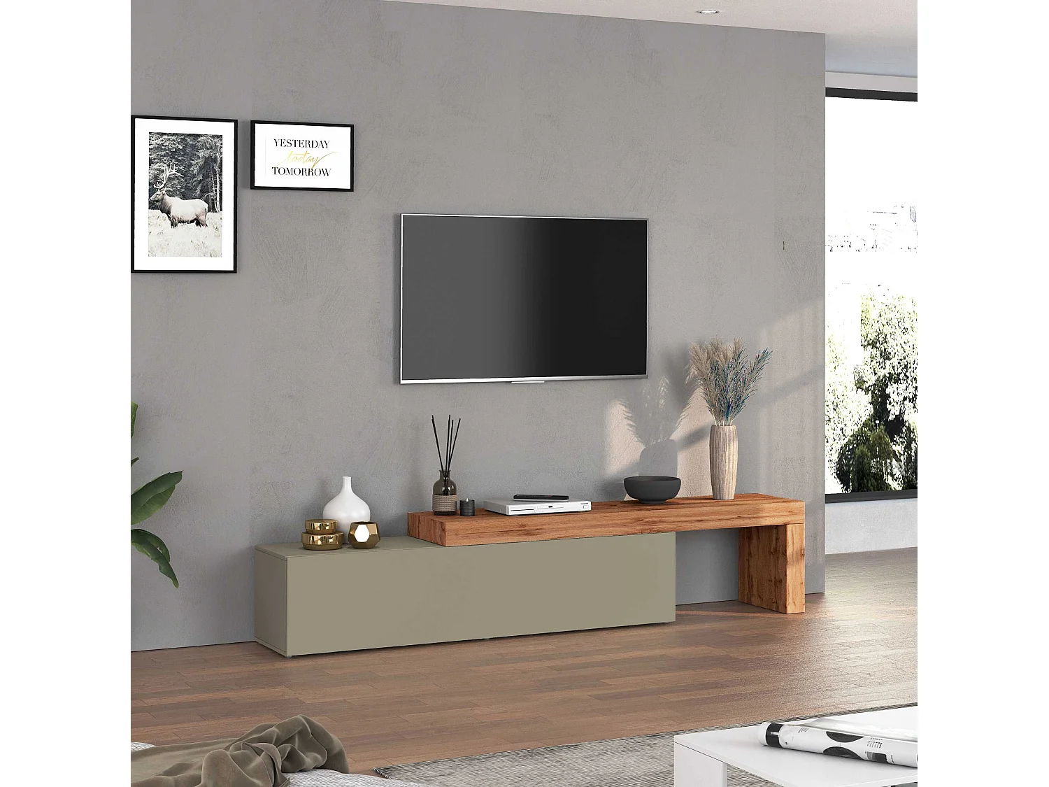 Mobile porta tv Chronos estensibile con 1 anta a ribalta tortora/rovere 190/350x40x51 cm