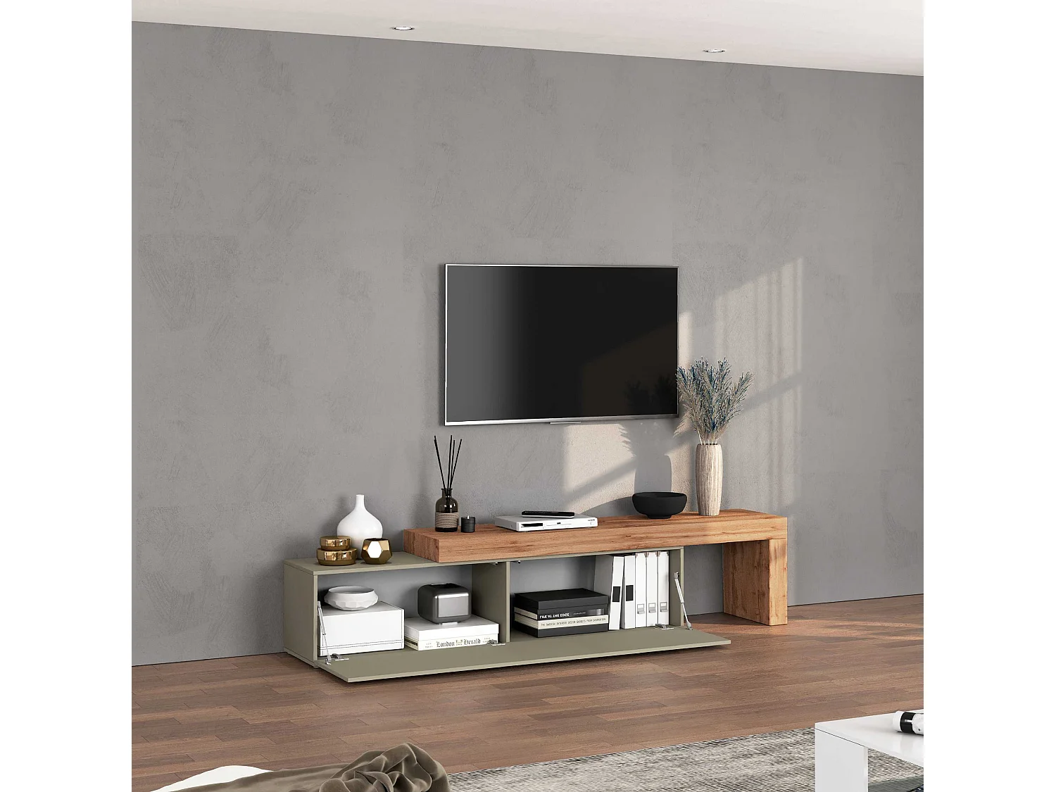 Mobile porta tv Chronos estensibile con 1 anta a ribalta tortora/rovere 190/350x40x51 cm
