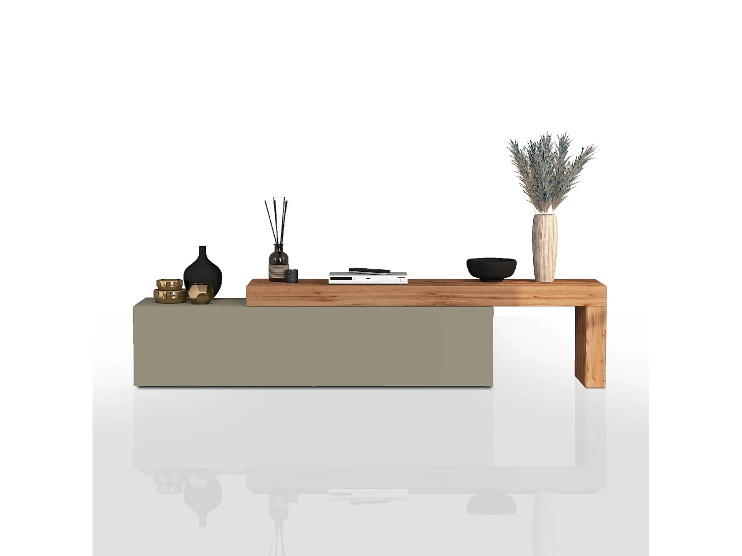 Mobile porta tv Chronos estensibile con 1 anta a ribalta tortora/rovere 190/350x40x51 cm