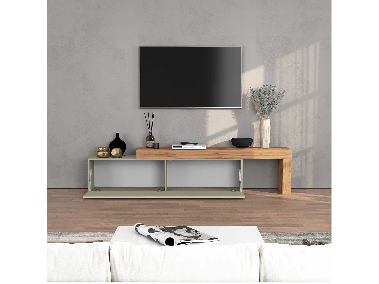Mobile porta tv Chronos estensibile con 1 anta a ribalta tortora/rovere 190/350x40x51 cm