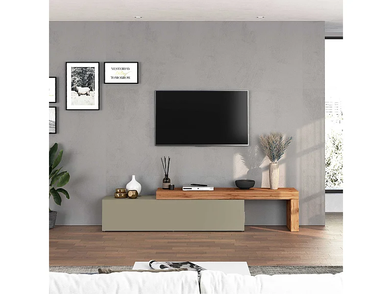Mobile porta tv Chronos estensibile con 1 anta a ribalta tortora/rovere 190/350x40x51 cm