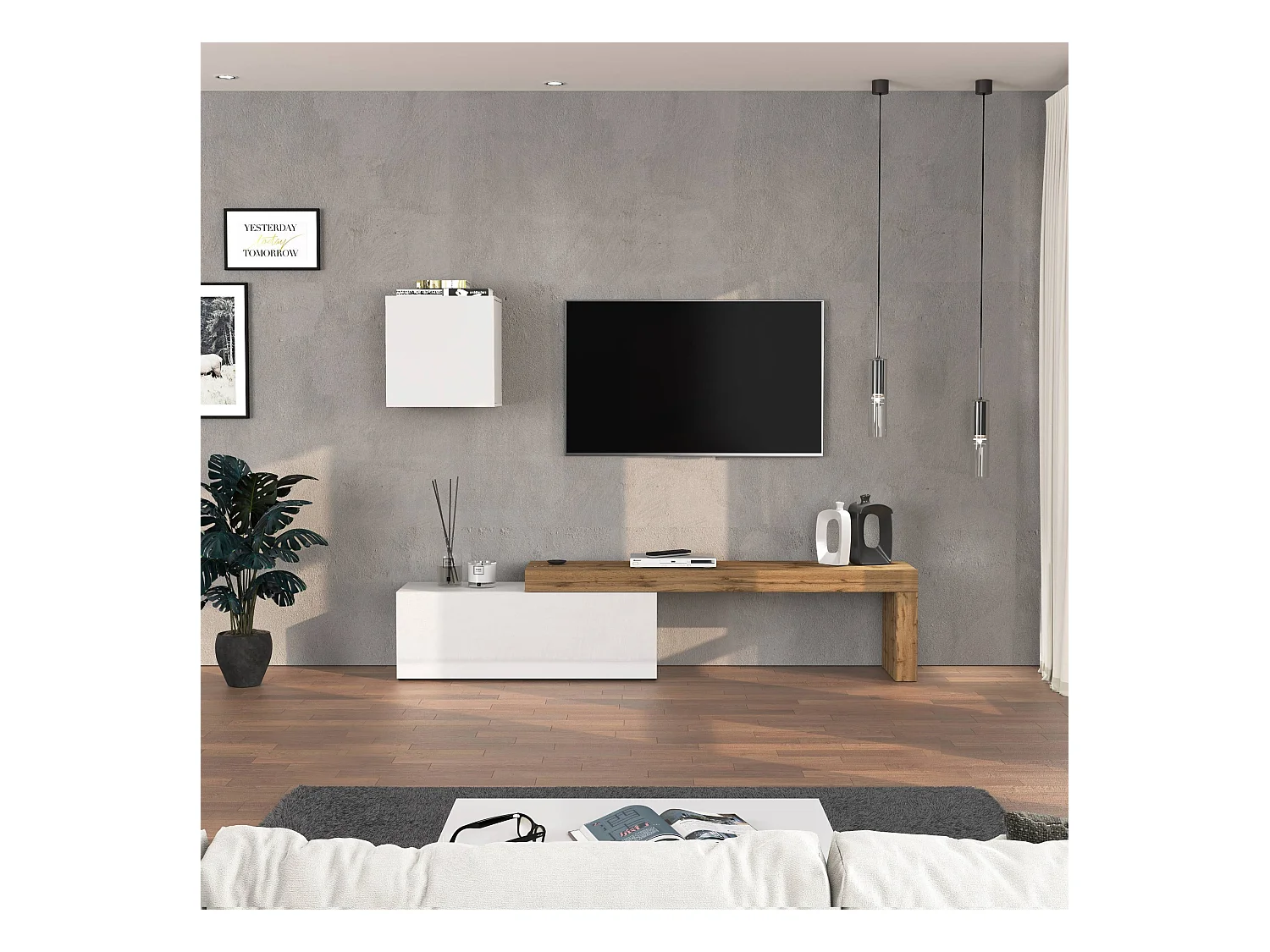 Parete attrezzata Chronos set soggiorno bianco lucido e rovere 180/290x40 cm