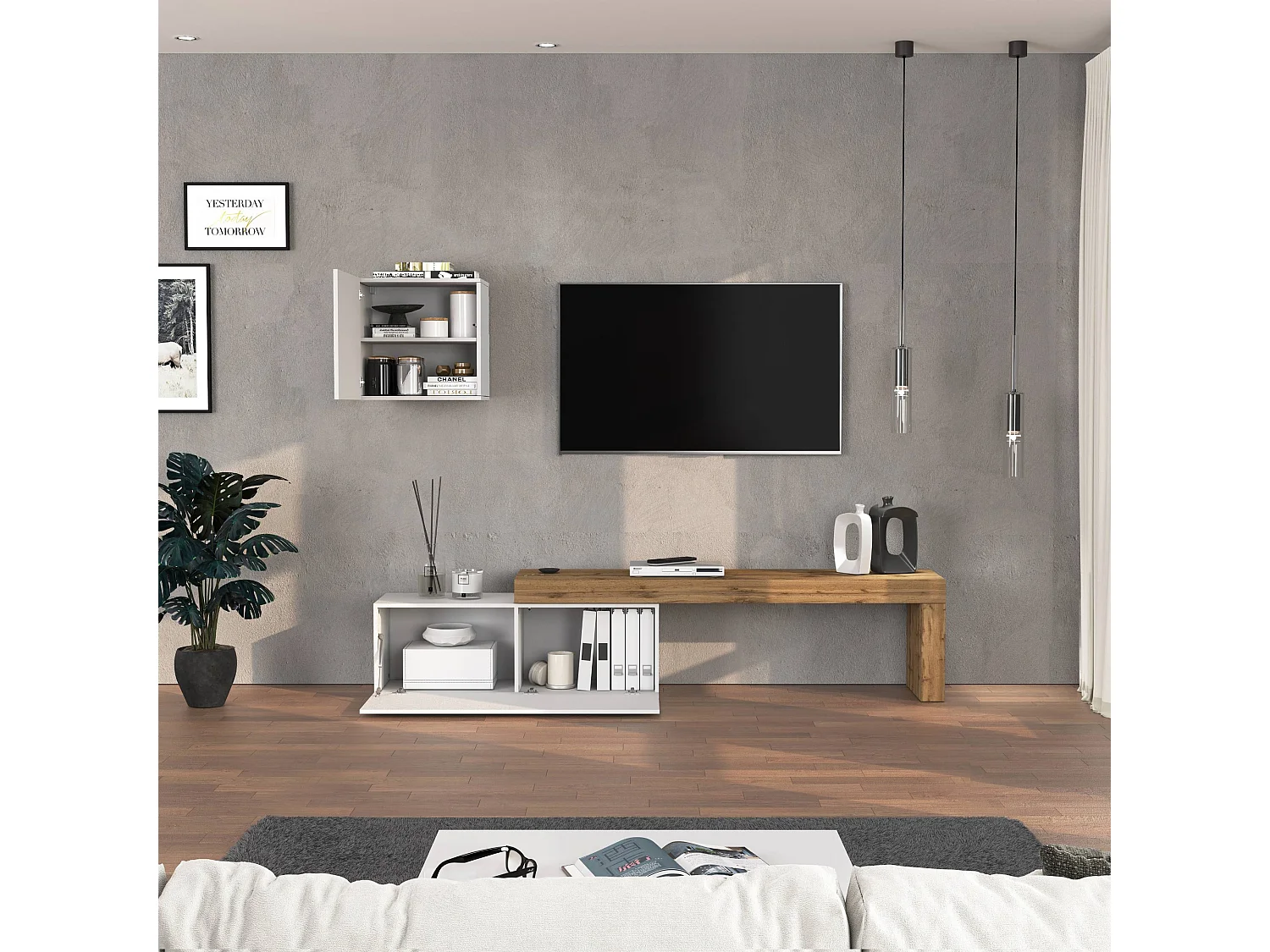 Parete attrezzata Chronos set soggiorno bianco lucido e rovere 180/290x40 cm