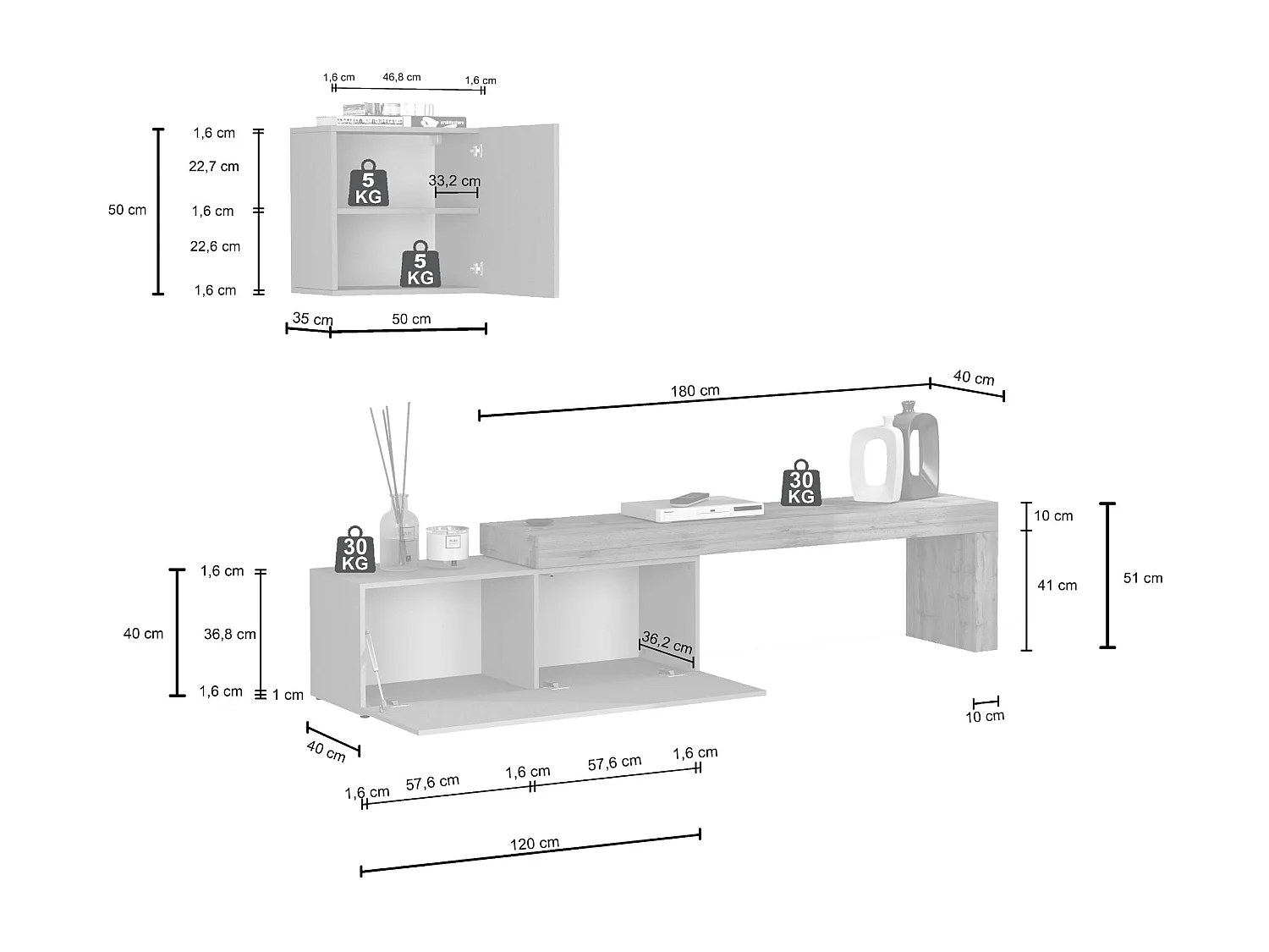 Parete attrezzata Chronos set soggiorno bianco lucido e rovere 180/290x40 cm