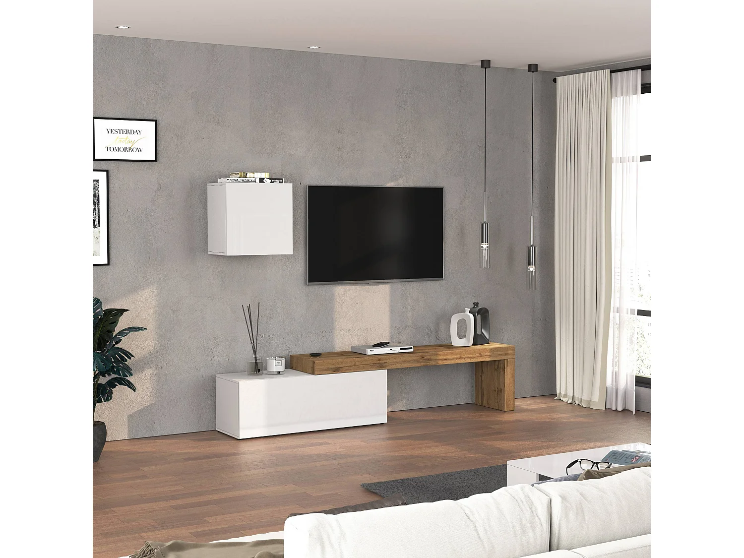 Parete attrezzata Chronos set soggiorno bianco lucido e rovere 180/290x40 cm