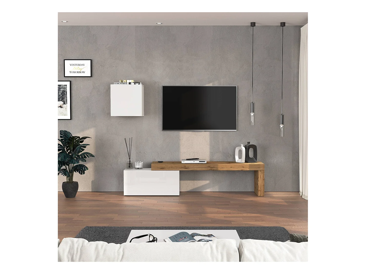 Parete attrezzata Chronos set soggiorno bianco lucido e rovere 180/260x40 cm