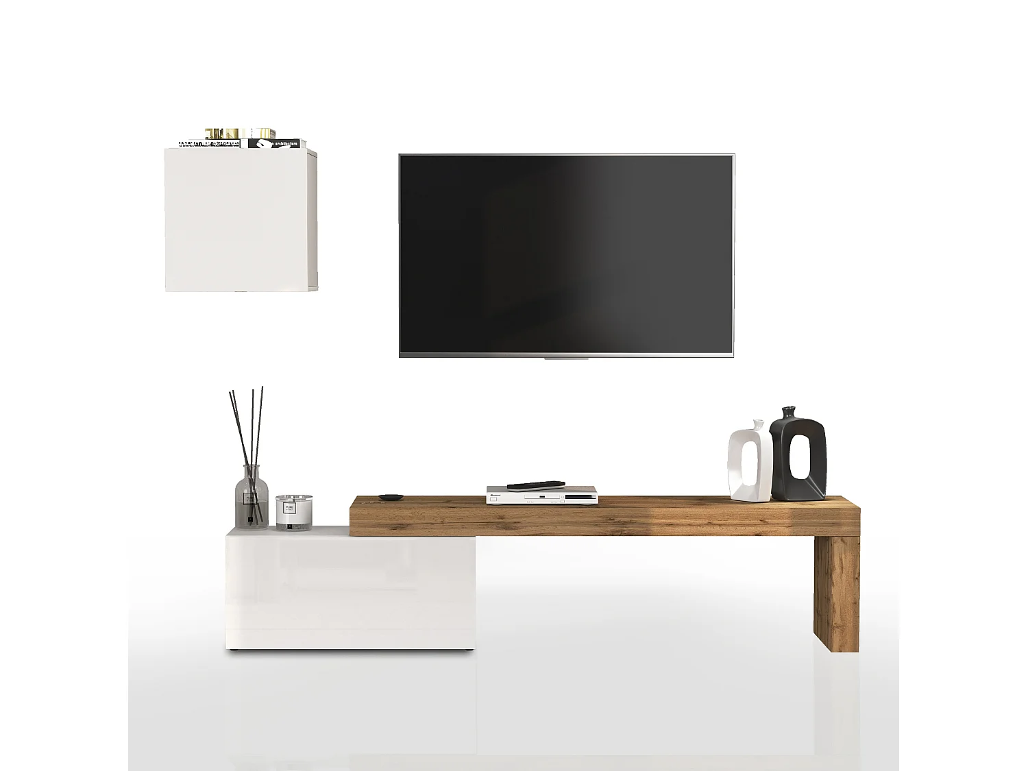 Conjunto de mueble de TV Chronos en blanco brillo y roble 180/260x40 cm