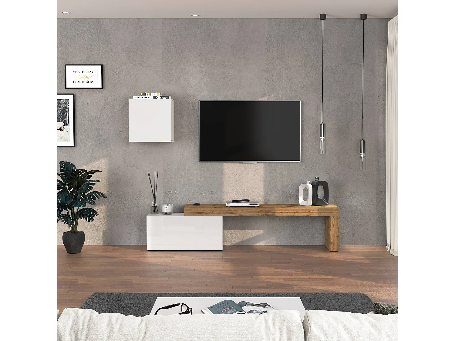 Conjunto de mueble de TV Chronos en blanco brillo y roble 180/260x40 cm
