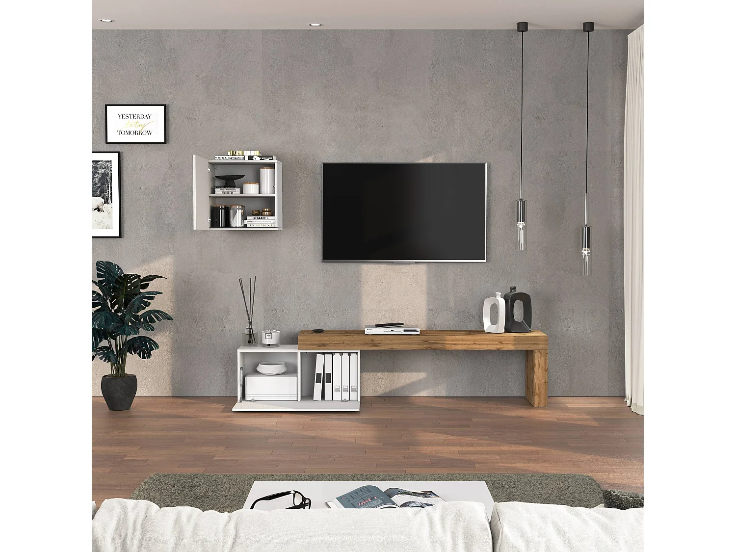 Conjunto de mueble de TV Chronos en blanco brillo y roble 180/260x40 cm