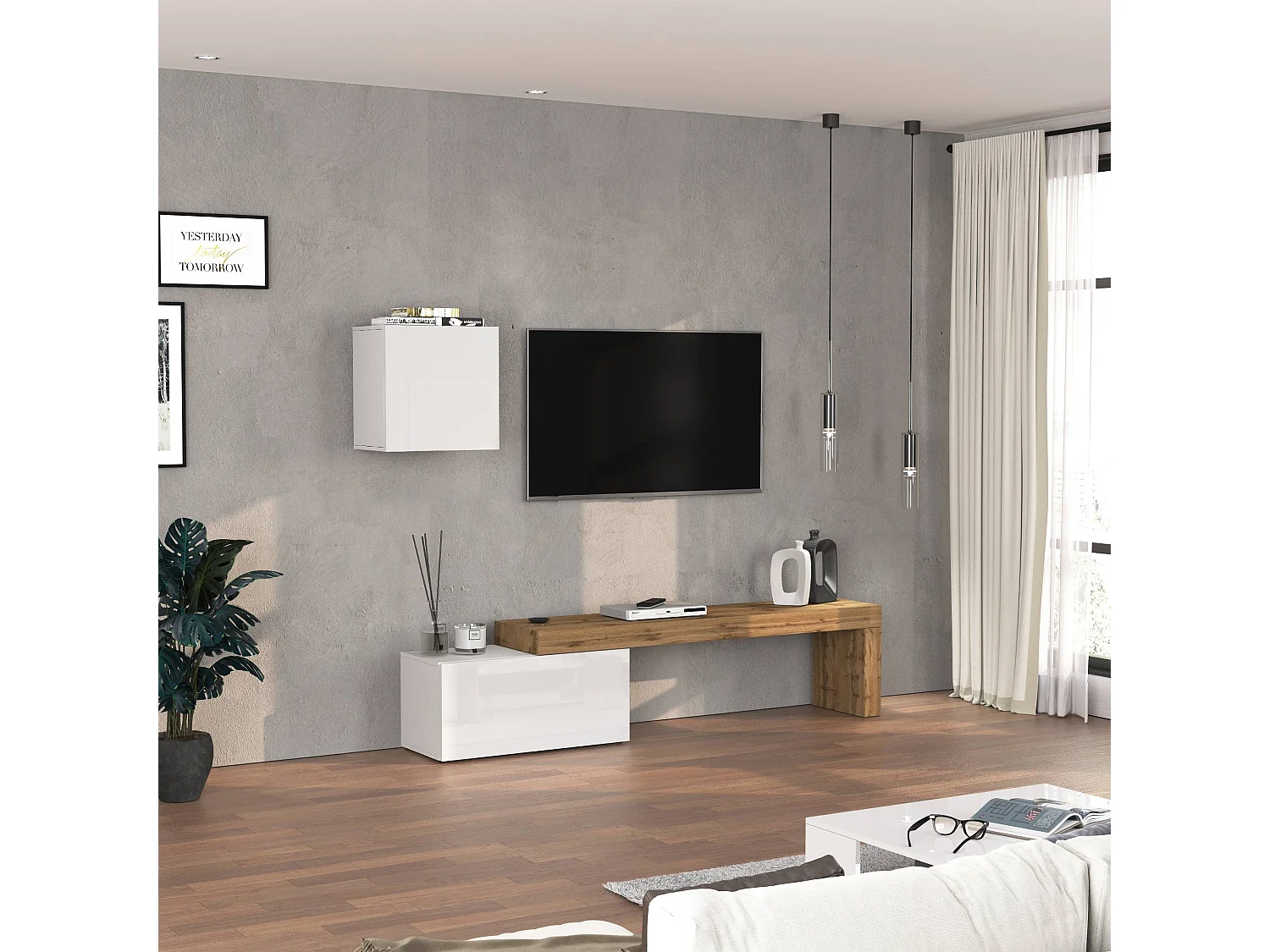 Conjunto de mueble de TV Chronos en blanco brillo y roble 180/260x40 cm
