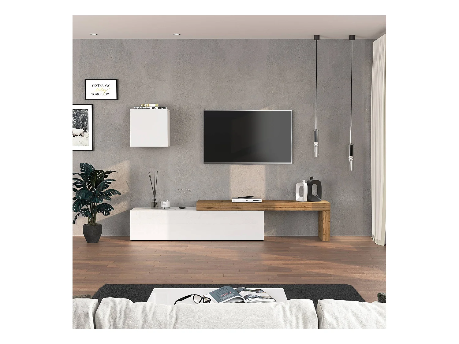 Parete attrezzata Chronos set soggiorno bianco lucido e rovere 190/350x40 cm