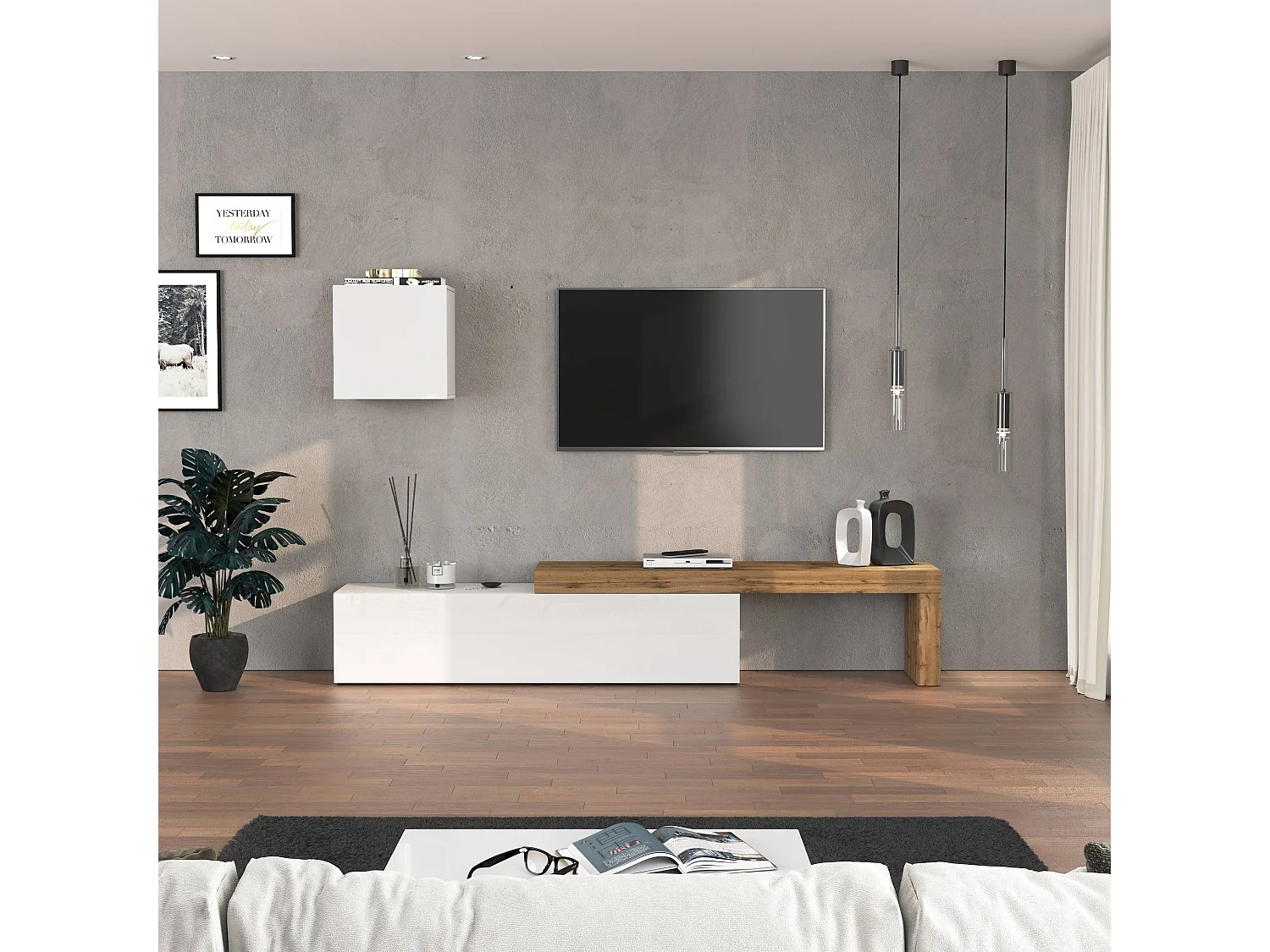 Ensemble mural Chronos pour salon blanc brillant et chêne 190/350x40 cm