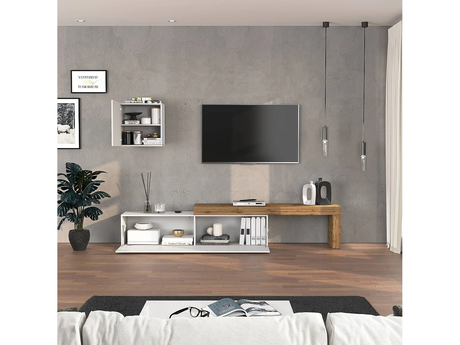 Ensemble mural Chronos pour salon blanc brillant et chêne 190/350x40 cm