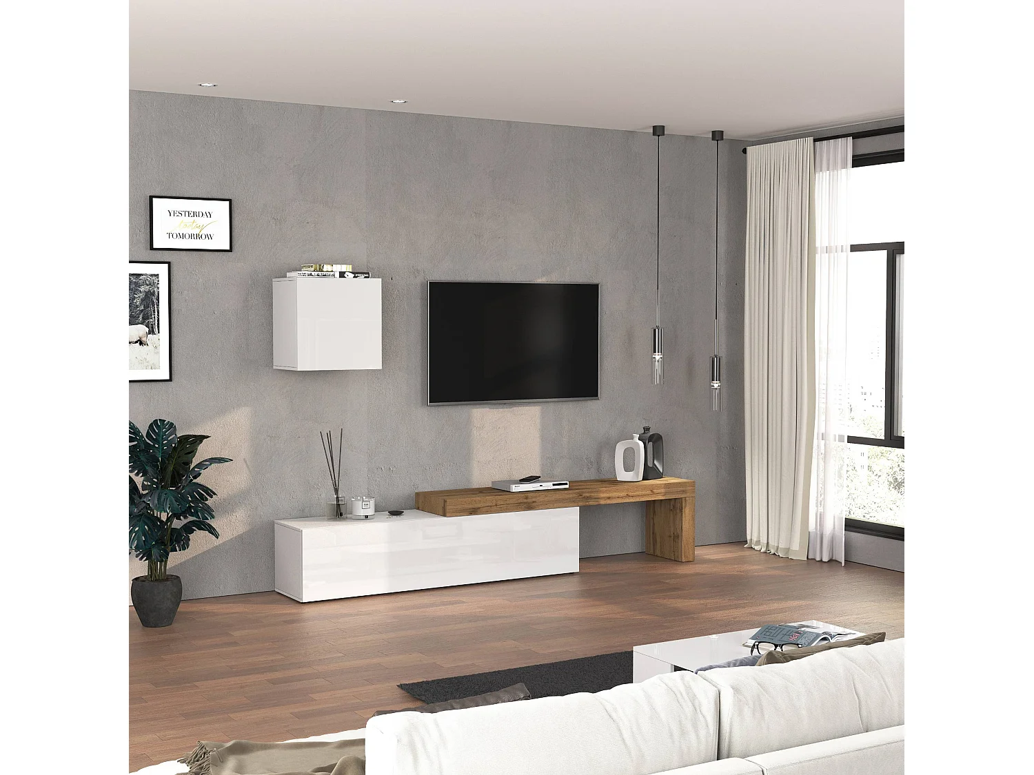 Ensemble mural Chronos pour salon blanc brillant et chêne 190/350x40 cm