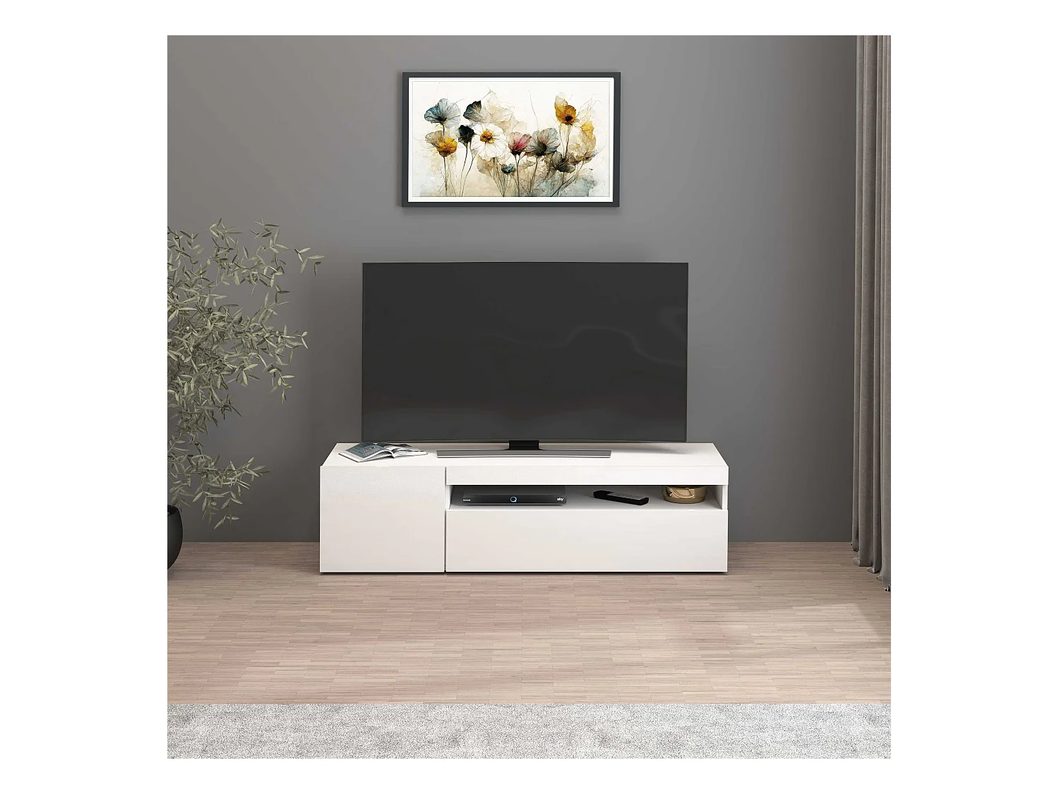 Mobile porta tv Potenza con 1 anta laterale e 1 anta a ribalta bianco lucido 130x40x36 cm