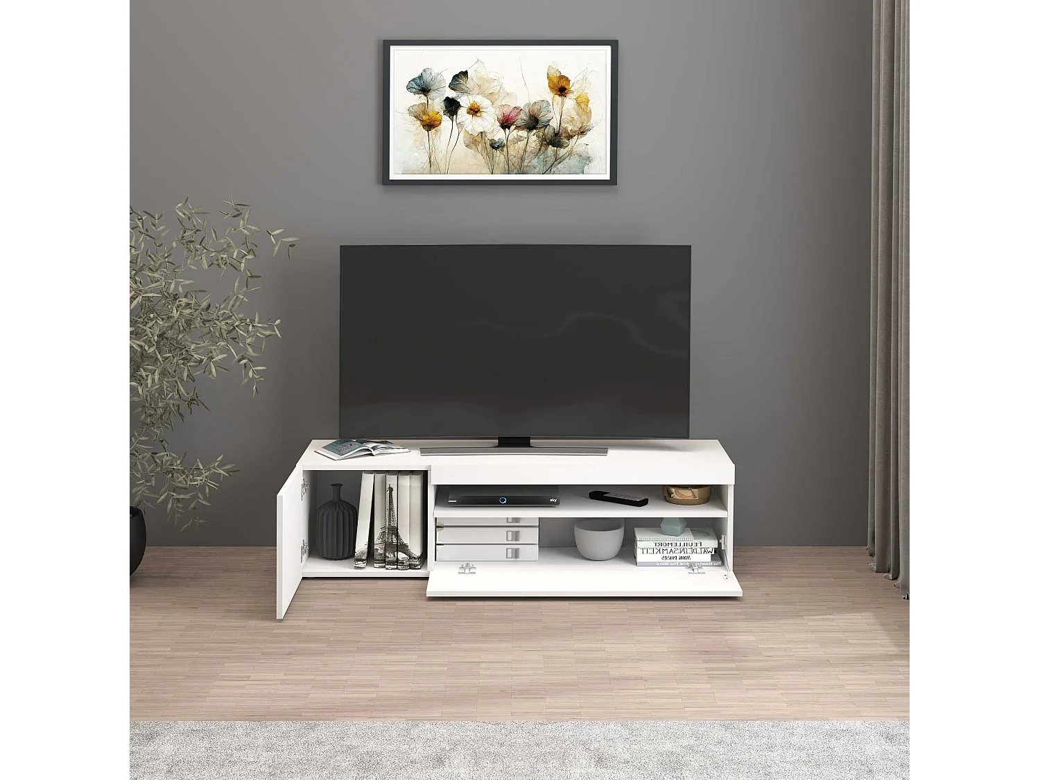 Mobile porta tv Potenza con 1 anta laterale e 1 anta a ribalta bianco lucido 130x40x36 cm