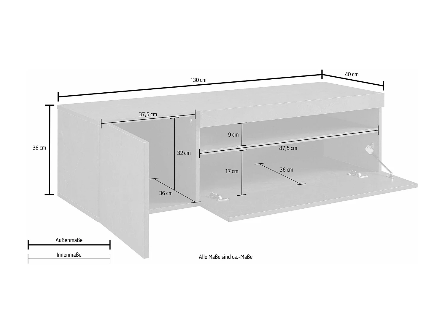 Mobile porta tv Potenza con 1 anta laterale e 1 anta a ribalta bianco lucido 130x40x36 cm