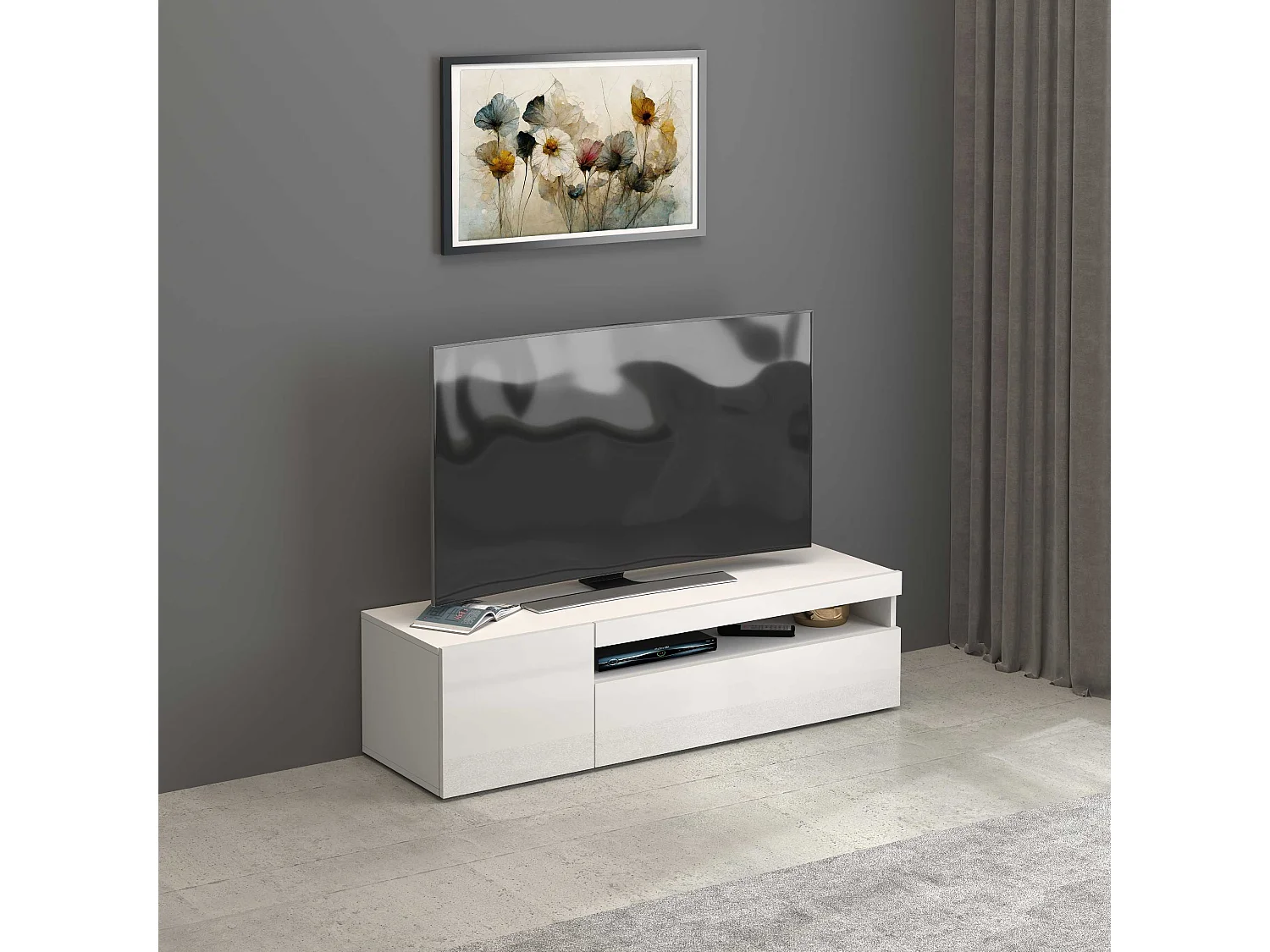 Mobile porta tv Potenza con 1 anta laterale e 1 anta a ribalta bianco lucido 130x40x36 cm